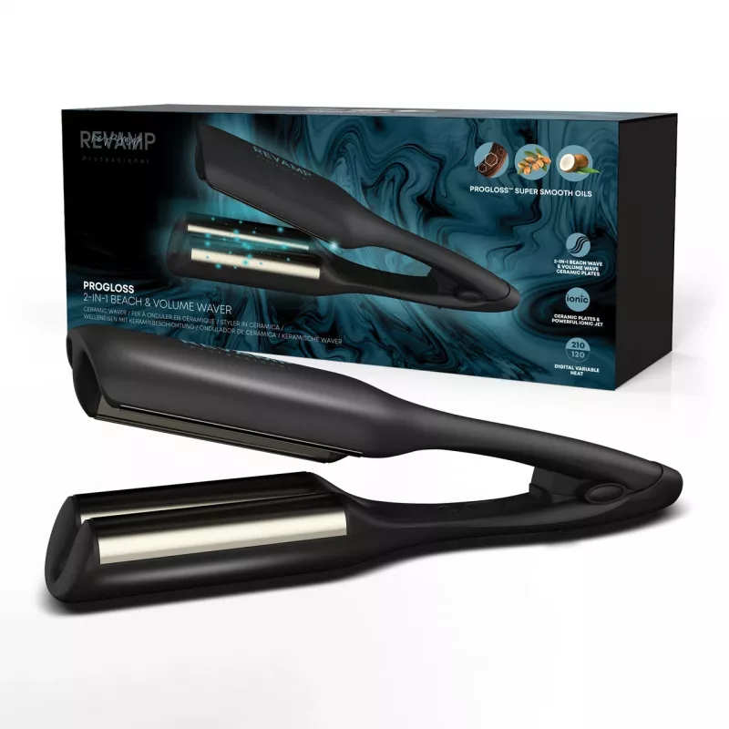 Revamp Progloss 2-in-1 paplūdimio ir apimties bangų formavimo garbanojimo žnyplės Warm Juoda 3 m