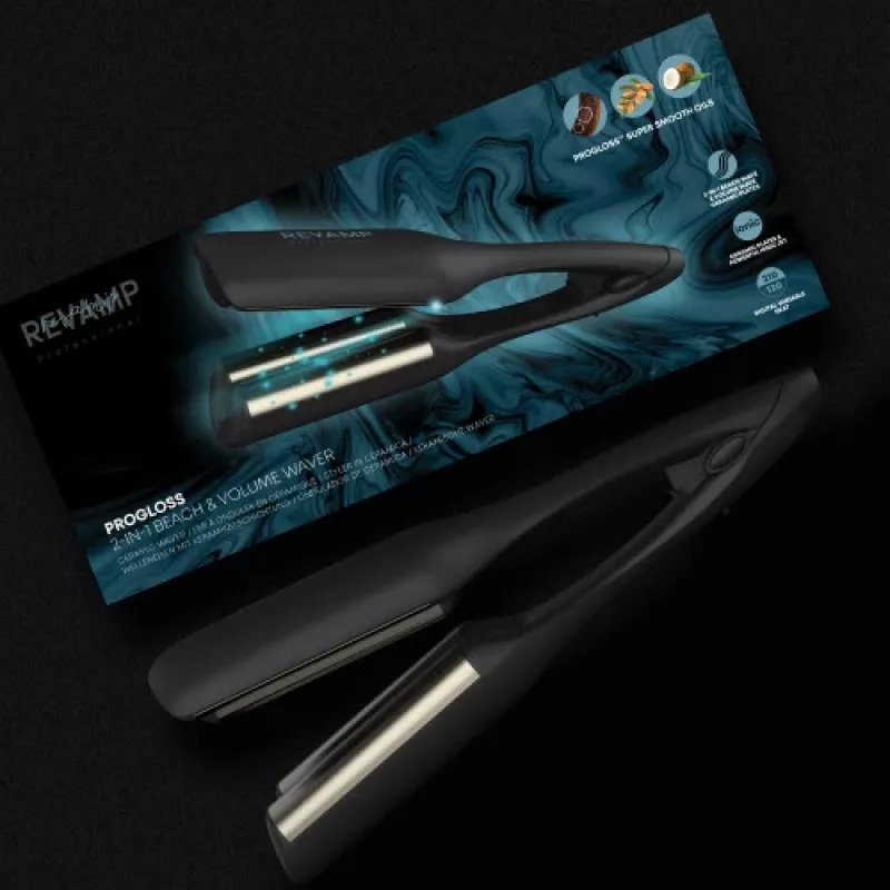 Revamp Progloss 2-in-1 paplūdimio ir apimties bangų formavimo garbanojimo žnyplės Warm Juoda 3 m