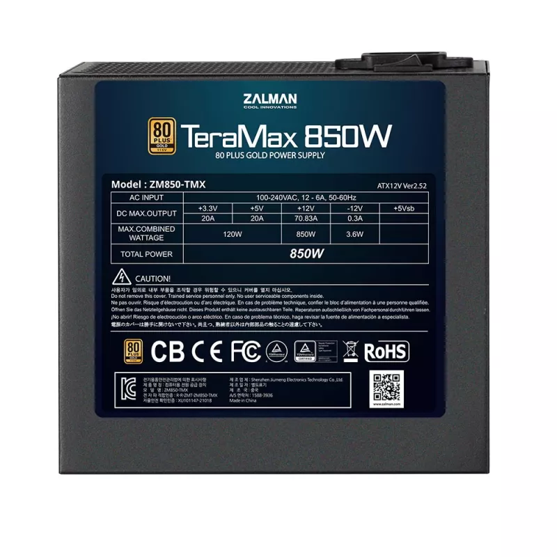 Zalman ZM850-TMX TerraMax 80 PLUS GOLD PSU 850W/visiškai modulinis 99,9% aktyvus PFC/vienas maitinimo blokas juodas
