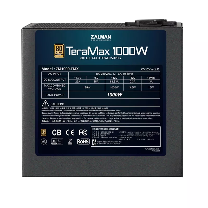 Zalman ZM1200-TMX TerraMax 80 PLUS GOLD PSU 1200W/visiškai modulinis 99,9 % aktyvus PFC/vienas maitinimo blokas