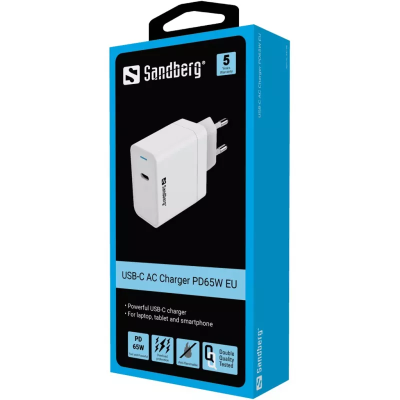 Kintamosios srovės įkroviklis Sandberg USB-C PD65W EU patalpų universalus baltas