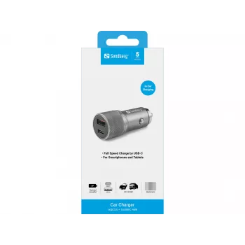 Sandberg automobilinis pakrovėjas 1xQC3.0+1xUSB-C 48W, automobilinis, cigarečių žiebtuvėlis, 12 V, metalinis