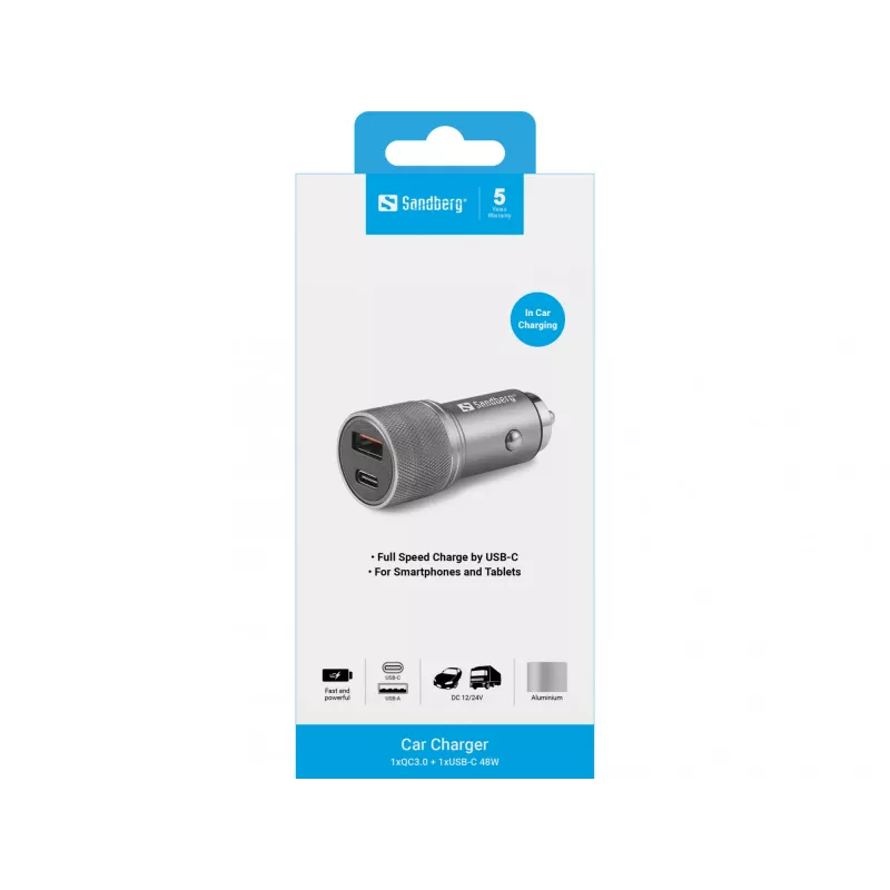 Sandberg automobilinis pakrovėjas 1xQC3.0+1xUSB-C 48W, automobilinis, cigarečių žiebtuvėlis, 12 V, metalinis