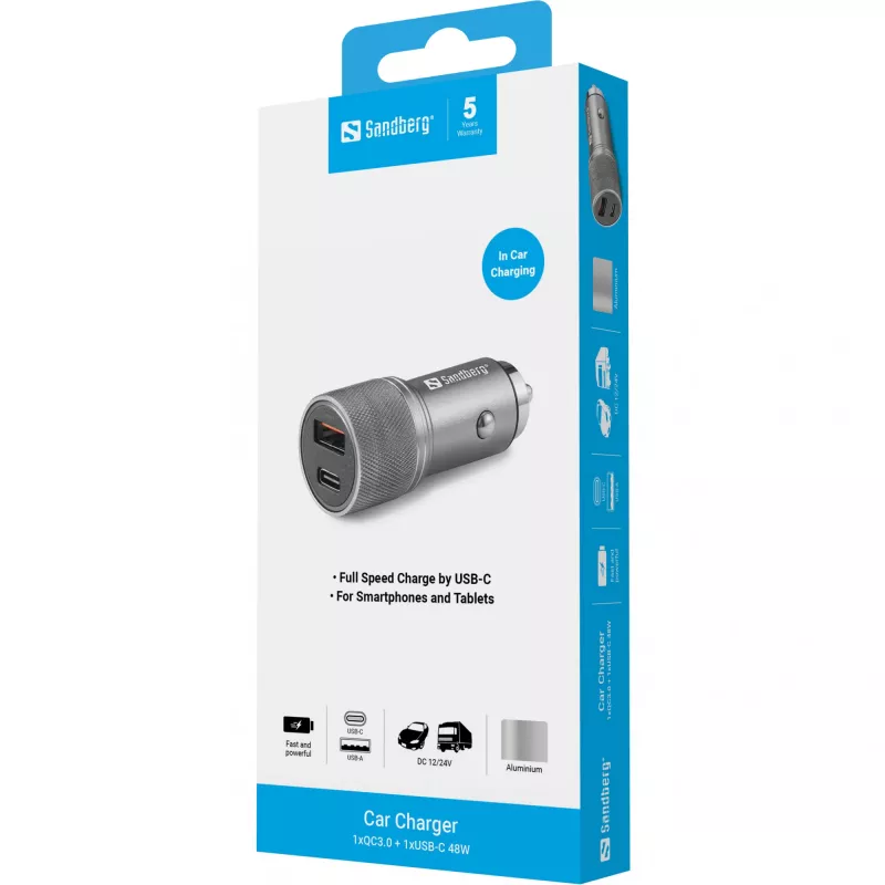 Sandberg automobilinis pakrovėjas 1xQC3.0+1xUSB-C 48W, automobilinis, cigarečių žiebtuvėlis, 12 V, metalinis