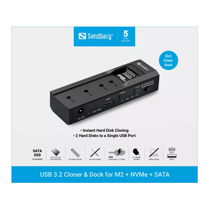 Sandberg USB 3.2 klonavimo ir prijungimo stotelė, skirta M2 + NVMe + SATA