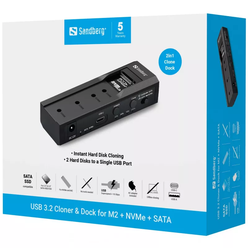 Sandberg USB 3.2 klonavimo ir prijungimo stotelė, skirta M2 + NVMe + SATA