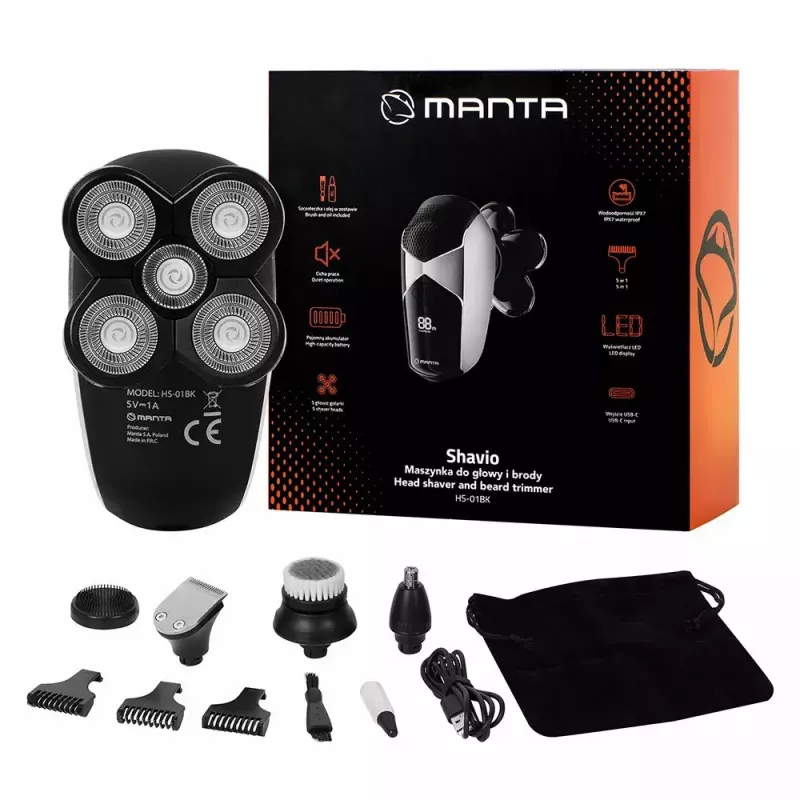 Manta HS-01BK Shavio galvos ir barzdos skustuvo rinkinys, juoda / chromuota