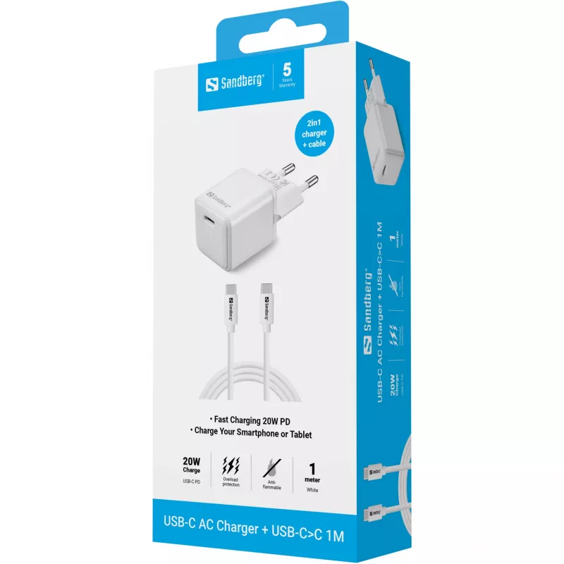 Sandberg USB-C 20W įkroviklis vidaus AC 1M laidas greitas įkrovimas
