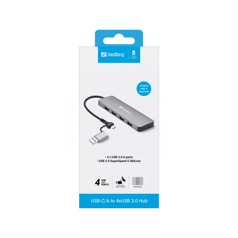 Sandberg USB-C/A į 4xUSB 3.0 šakotuvas aliumininis 5000 Mbit/s