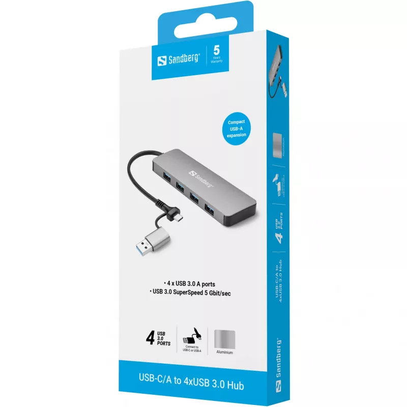 Sandberg USB-C/A į 4xUSB 3.0 šakotuvas aliumininis 5000 Mbit/s