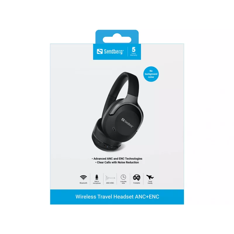 Sandberg Wireless Travel Headset ANC+ENC, belaidis, skambučiai/muzika, 228 g, ausinės, juoda