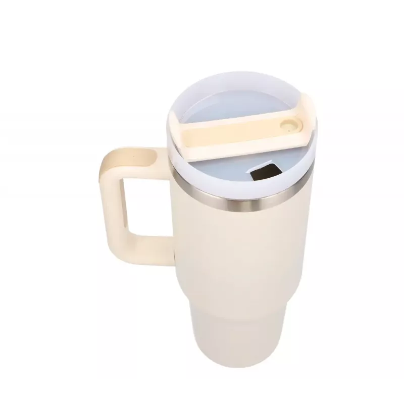 Kelioninis puodelis Extralink Juoda Forest 1200 ml smėlio spalvos — terminis puodelis su šiaudeliu ir rankena
