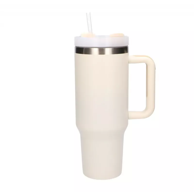 Kelioninis puodelis Extralink Juoda Forest 1200 ml smėlio spalvos — terminis puodelis su šiaudeliu ir rankena