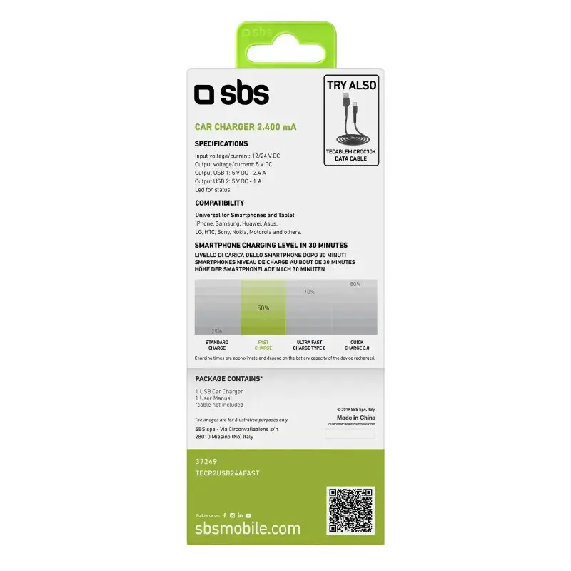 Automobilinis kroviklis SBS Mobile TECR2USB24AFAST — automobilinis USB kroviklis, maitinimas iš cigarečių žiebtuvėlio, universalus, juodas