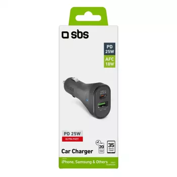 Automobilinis įkroviklis SBS Mobile TECRPD25W — automobilinis žiebtuvėlio lizdas, 12–24 V, 1×USB-A, 1×USB-C, greitas įkrovimas, juoda