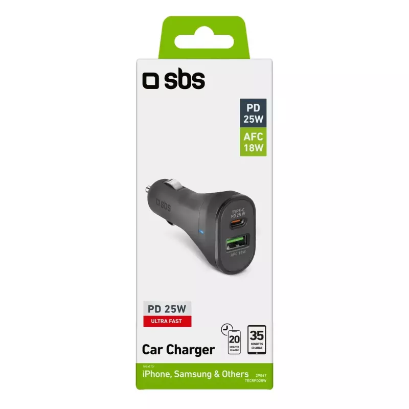 Automobilinis įkroviklis SBS Mobile TECRPD25W — automobilinis žiebtuvėlio lizdas, 12–24 V, 1×USB-A, 1×USB-C, greitas įkrovimas, juoda