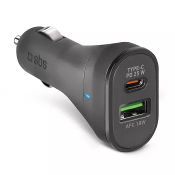 Automobilinis įkroviklis SBS Mobile TECRPD25W — automobilinis žiebtuvėlio lizdas, 12–24 V, 1×USB-A, 1×USB-C, greitas įkrovimas, juoda