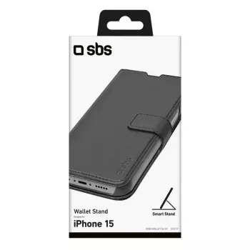 Piniginės tipo dėklas SBS TEBKWALIP1561K, skirtas iPhone 15, juodas, 15,5 cm