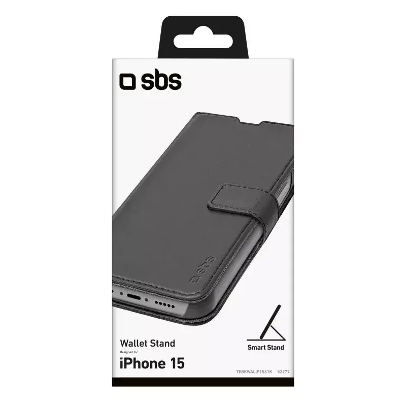 Piniginės tipo dėklas SBS TEBKWALIP1561K, skirtas iPhone 15, juodas, 15,5 cm