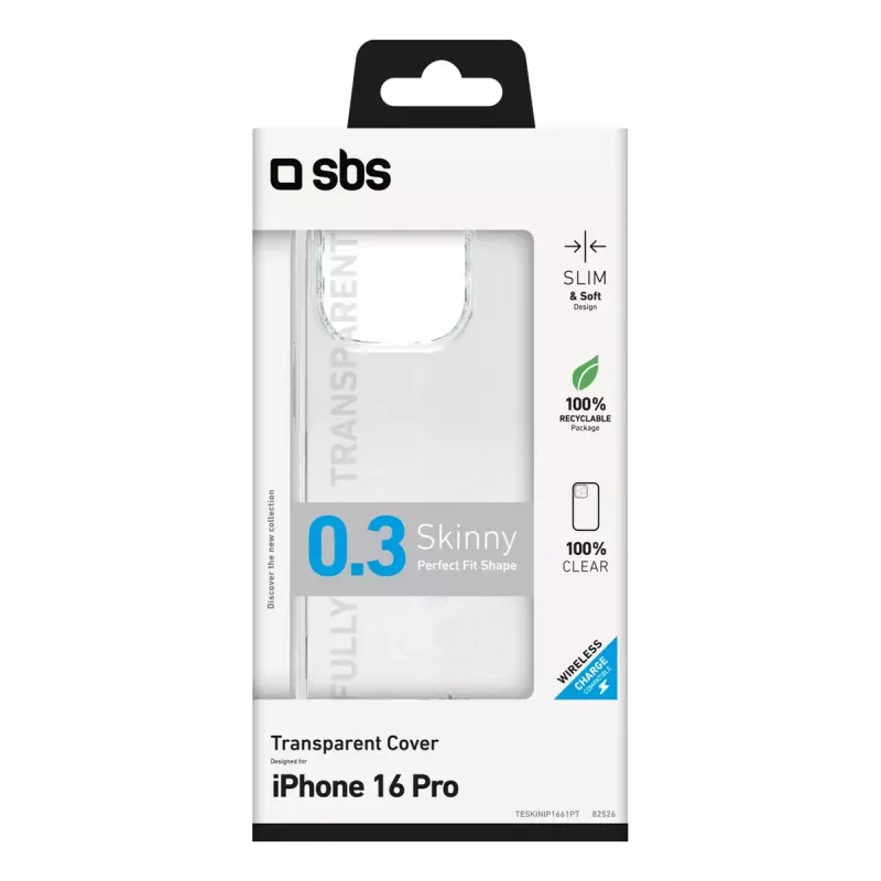 Mobiliojo telefono dėklas SBS TESKINIP1661PT, skirtas iPhone 16 Pro, 16 cm, permatomas