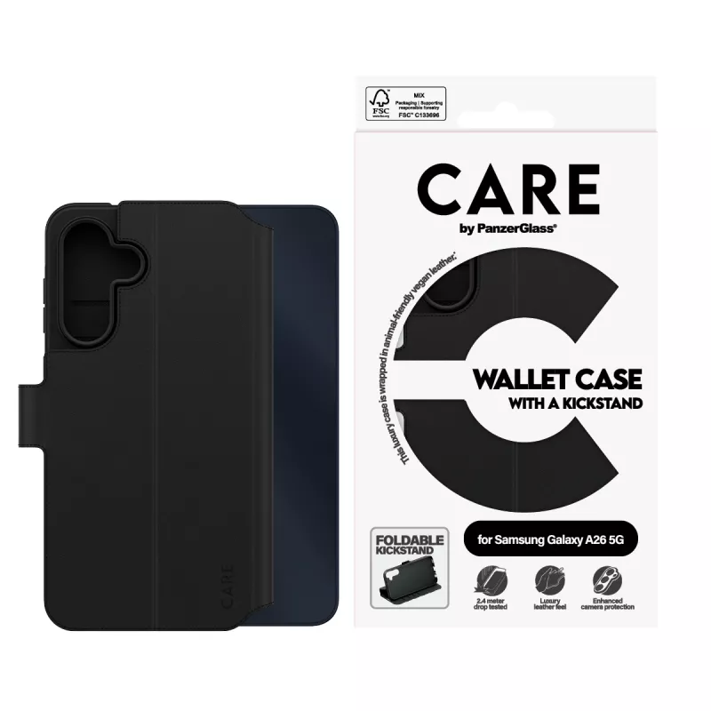 Dėklas-piniginė PanzerGlass Samsung Galaxy A26 5G juoda su atramine kojele