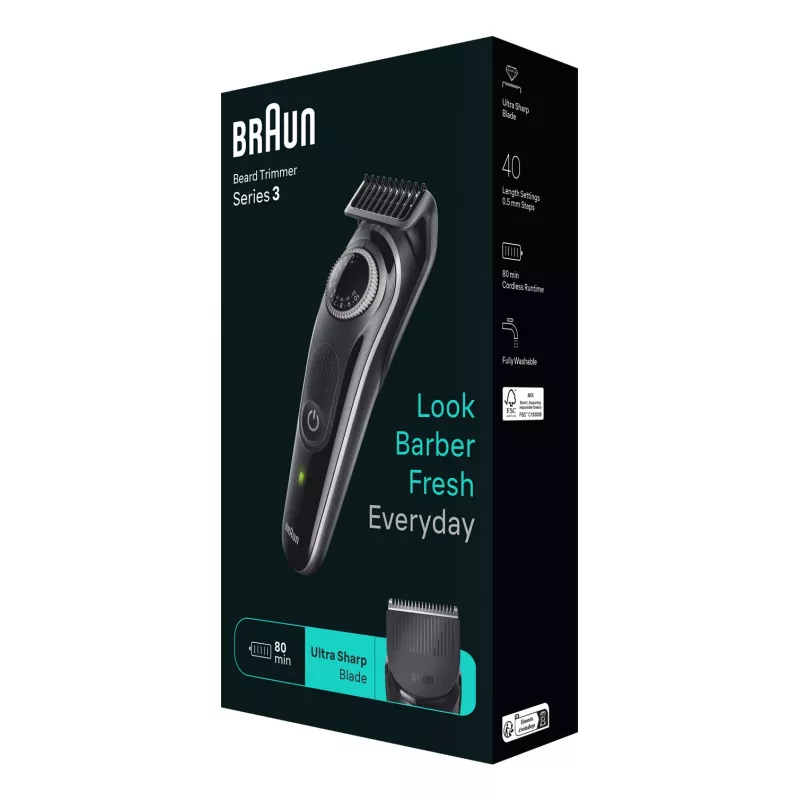 Braun BeardTrimmer 3 Barzdaskutė 3 BT3440, plaunama, baterija, juoda