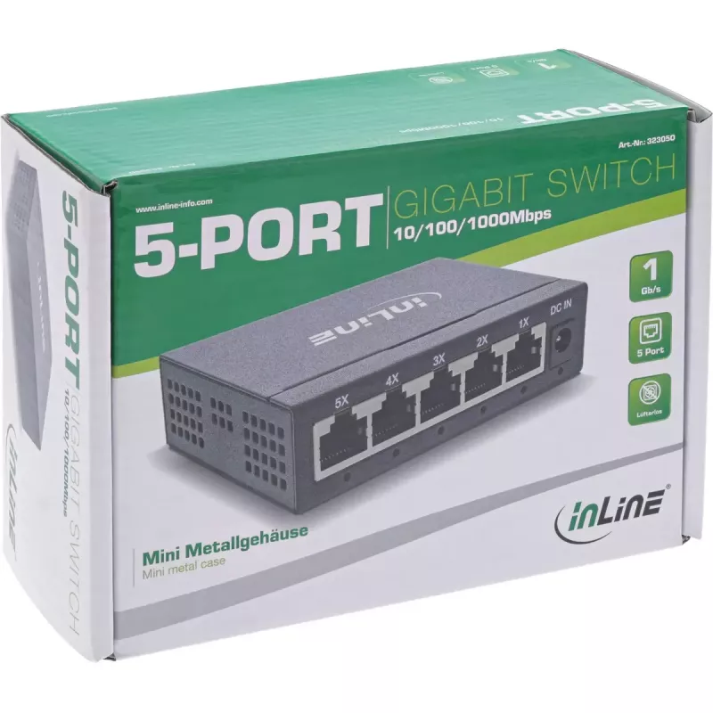 InLine Gigabit tinklo komutatorius 5 prievadų, 1Gb/s, stalinis, metalinis korpusas, be ventiliatoriaus