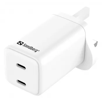 Kintamosios srovės įkroviklis SANDBERG Dual USB-C PD65W UK 441-62 — dvigubas USB-C PD 65W, JK kištukas