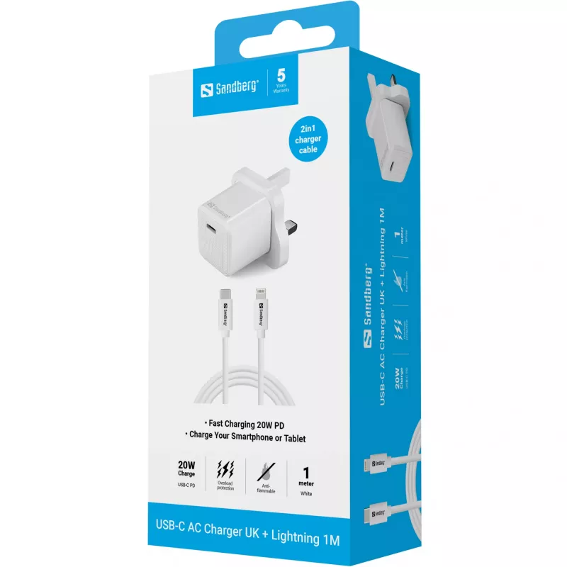 USB-C įkroviklis SANDBERG 441-64 20W UK kištukas — greitas USB Power Delivery įkrovimas