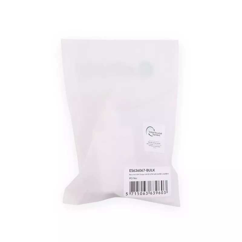 eSTUFF Namų įkroviklis USB-C PD 67W GaN UK kištukas - Baltas - 100% perdirbtas plastikas