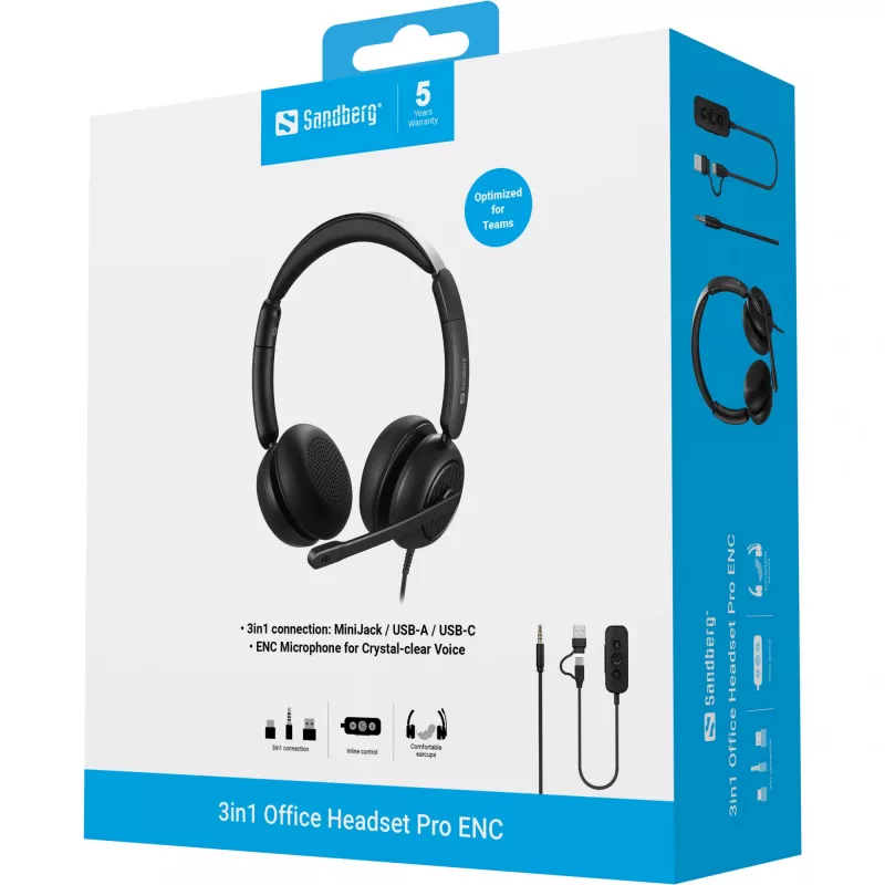 Laidinės ausinės Sandberg 3in1 Office Headset Pro ENC 20–20000 Hz