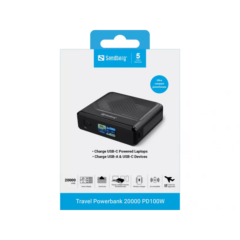 Nešiojamasis įkroviklis Sandberg Travel Powerbank 20000 PD100W, 20000 mAh