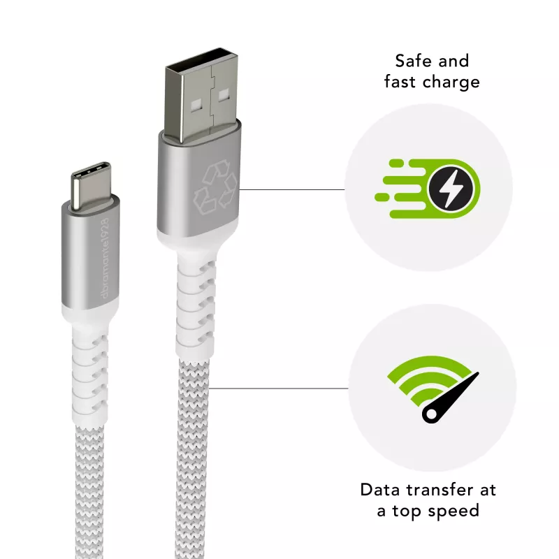 USB-A į USB-C duomenų kabelis d bramante re-charge Pro BRD kabelis 2,5 m, USB 2.0, baltas