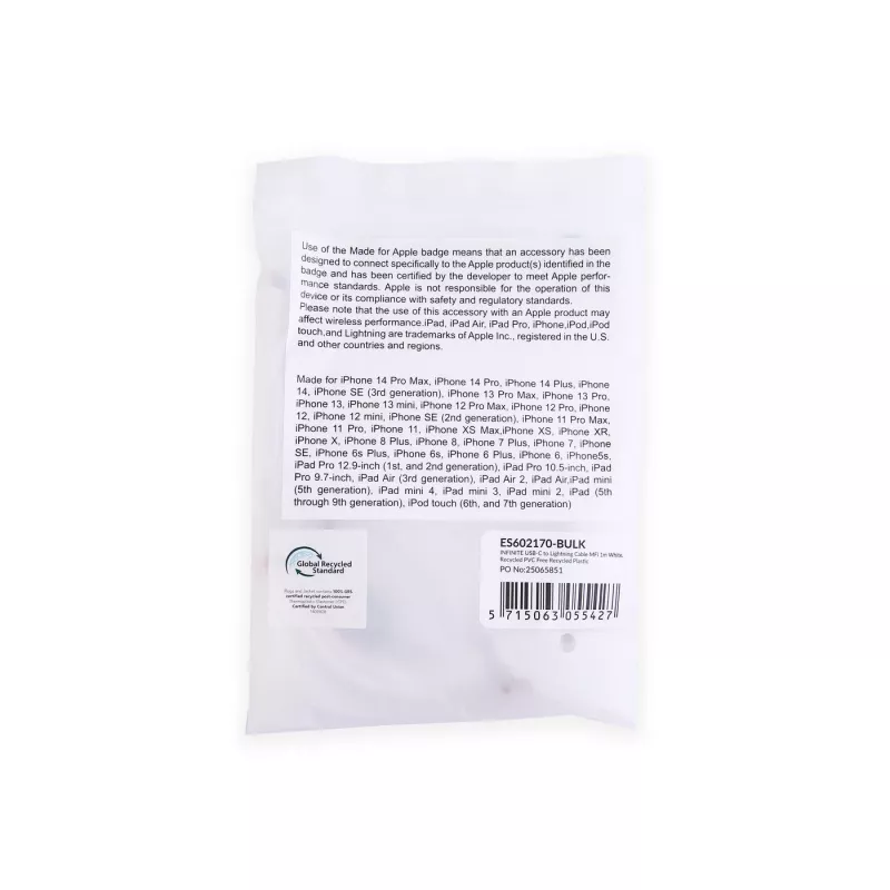 Lightning kabelis eSTUFF ES602170-BULK 1m baltas USB C 2.4A