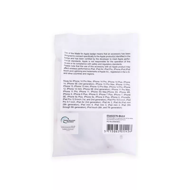 Lightning laidas eSTUFF ES602270-BULK 2 m baltas, MFi sertifikuotas