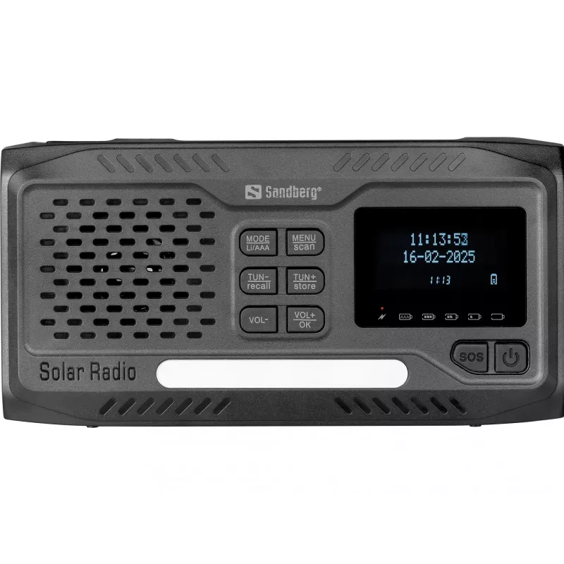 Nešiojamasis radijas SANDBERG Survivor DAB Radio All-in-1 4500 — DAB+/FM, 87,5–108 MHz, 3 W RMS, USB-A ir USB-C, 4500 mAh baterija