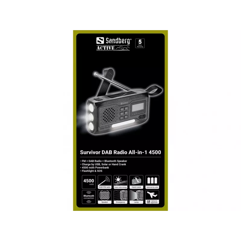 Nešiojamasis radijas SANDBERG Survivor DAB Radio All-in-1 4500 — DAB+/FM, 87,5–108 MHz, 3 W RMS, USB-A ir USB-C, 4500 mAh baterija