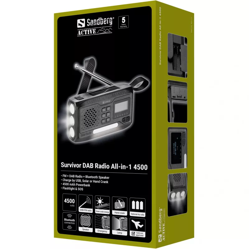 Nešiojamasis radijas SANDBERG Survivor DAB Radio All-in-1 4500 — DAB+/FM, 87,5–108 MHz, 3 W RMS, USB-A ir USB-C, 4500 mAh baterija