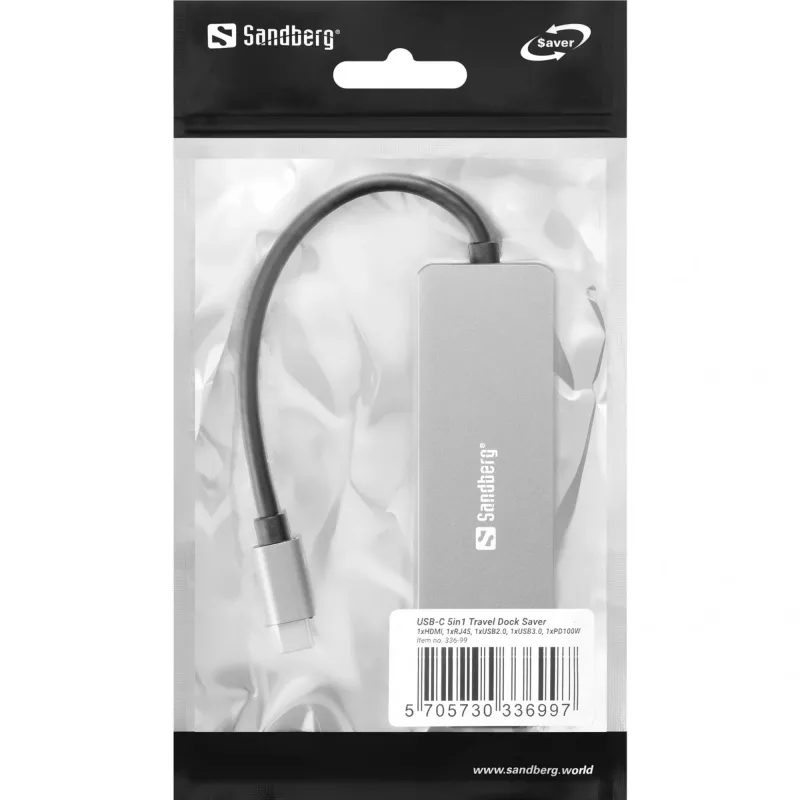 Sandberg USB-C 5in1 Travel Dock Saver laidinis USB 3.2 Gen 1 100W