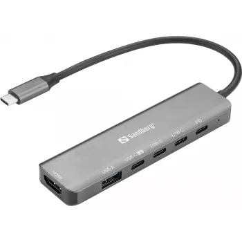 Dokų stotelė SANDBERG USB-C 6-in-1 MediaDock — USB 3.2 Gen 1 Type-C 10 Gbit/s, 4K HDMI, Maitinimo tiekimas iki 100 W, 1×USB-A, 1×USB2.0, pilka