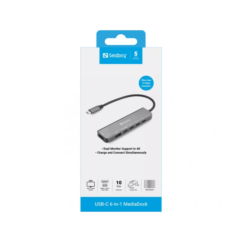Dokų stotelė SANDBERG USB-C 6-in-1 MediaDock — USB 3.2 Gen 1 Type-C 10 Gbit/s, 4K HDMI, Maitinimo tiekimas iki 100 W, 1×USB-A, 1×USB2.0, pilka