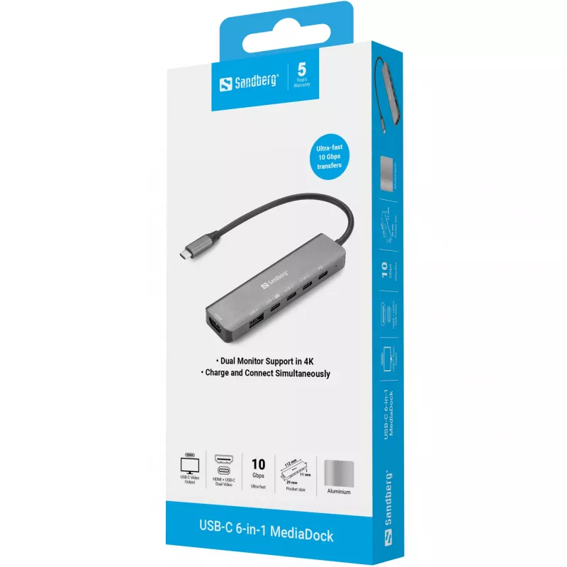 Dokų stotelė SANDBERG USB-C 6-in-1 MediaDock — USB 3.2 Gen 1 Type-C 10 Gbit/s, 4K HDMI, Maitinimo tiekimas iki 100 W, 1×USB-A, 1×USB2.0, pilka