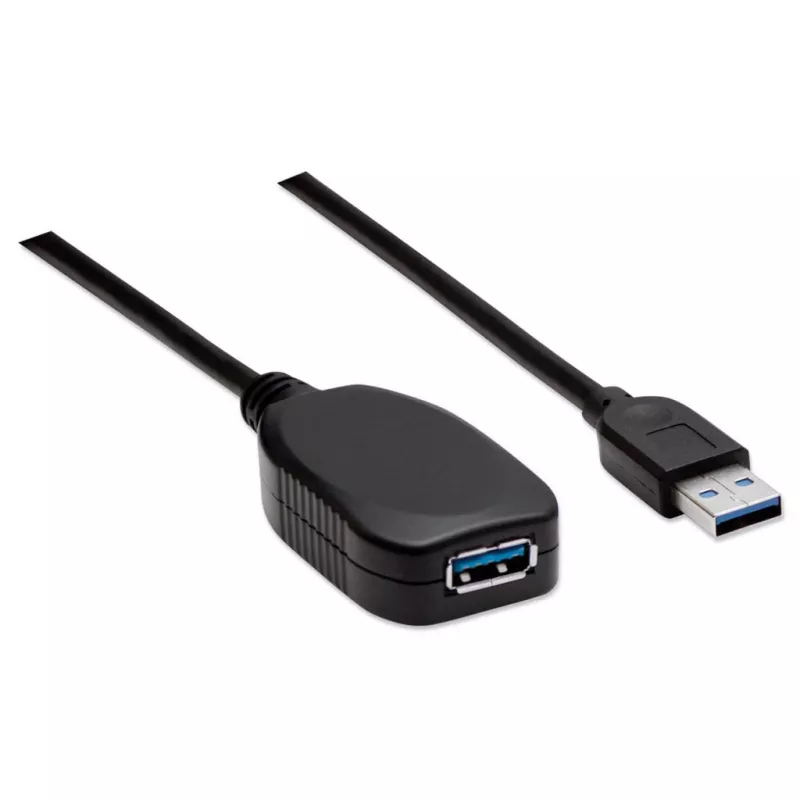 Manhattan USB-A į USB-A ilginamasis laidas, 5 m, kištukas–lizdas, aktyvus, 5 Gbps (USB 3.2 Gen1, dar žinomas kaip USB 3.0), įmontuotas kartotuvas, SuperSpeed USB, juodas, trejų metų garantija, atitinka USB2AAEXT5M.