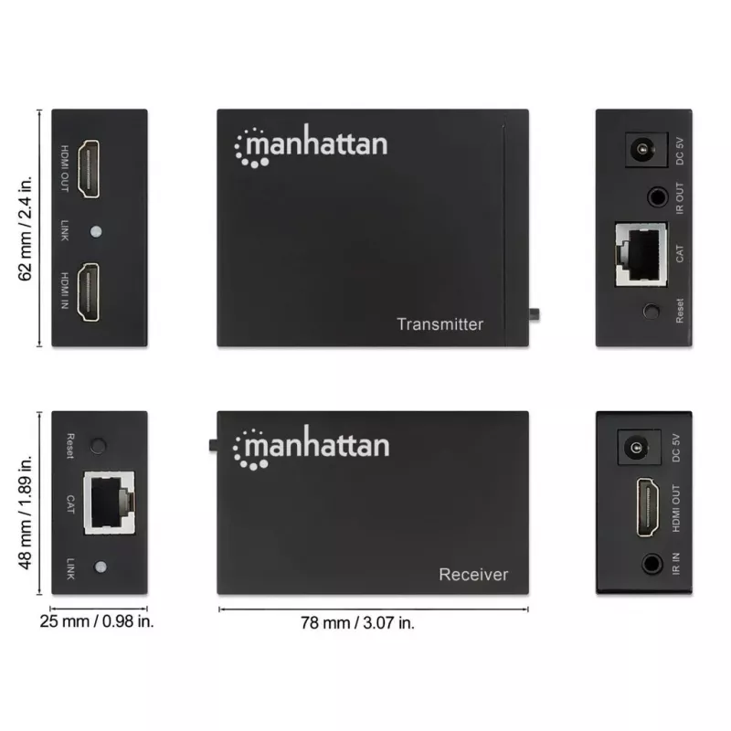 Manhattan HDMI 1080p Etherneto ilgintuvo rinkinys, iki 50 m vienu Cat6 kabeliu, siųstuvo ir imtuvo moduliai, IR palaikymas, trejų metų garantija