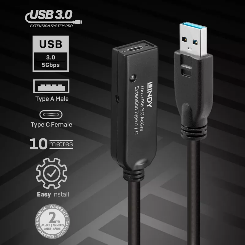 Lindy 10 m USB 3.0 aktyvus prailginimo kabelis Type A į C