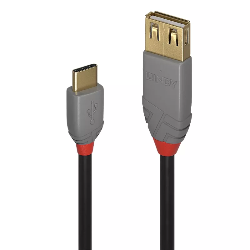 Lindy 0,15 m USB 2.0 C tipo į A adapterio laidas, Anthra Line, 0,15 m, USB A, USB C, USB 2.0, 0,48 Gbit/s, juoda, pilka