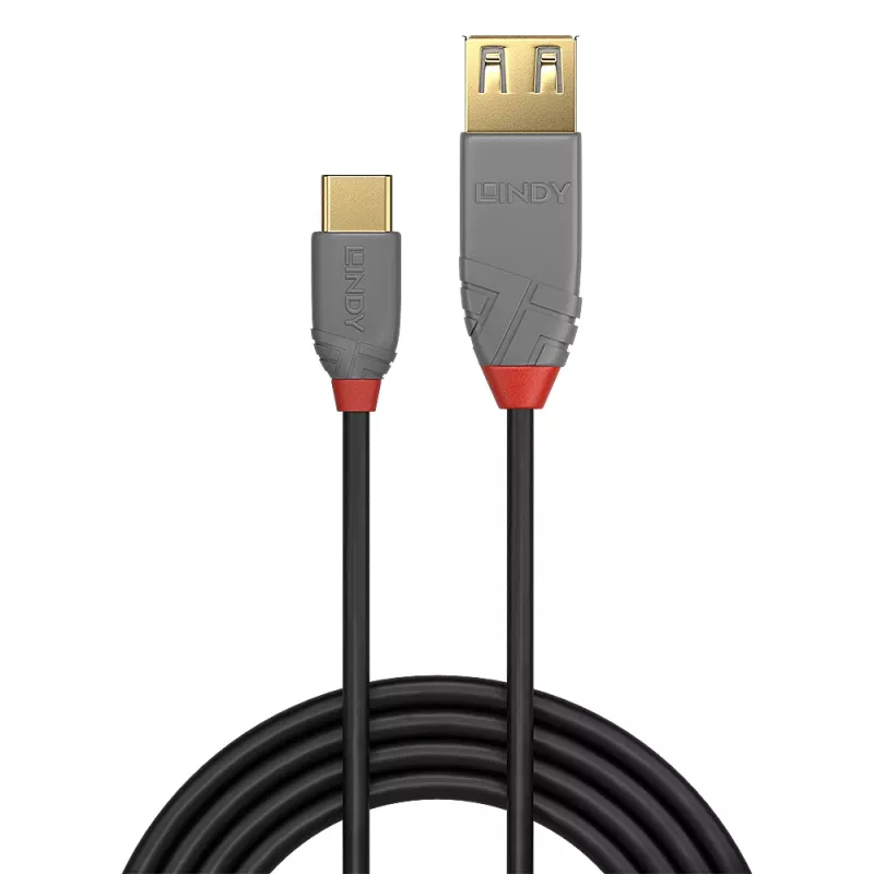 Lindy 0,15 m USB 2.0 C tipo į A adapterio laidas, Anthra Line, 0,15 m, USB A, USB C, USB 2.0, 0,48 Gbit/s, juoda, pilka