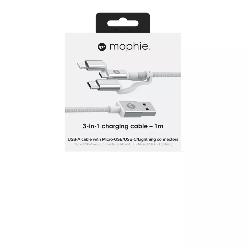 mophie Charge and Sync kabelis- USB-A to Micro/USB-C/LTG- 1M- Balta