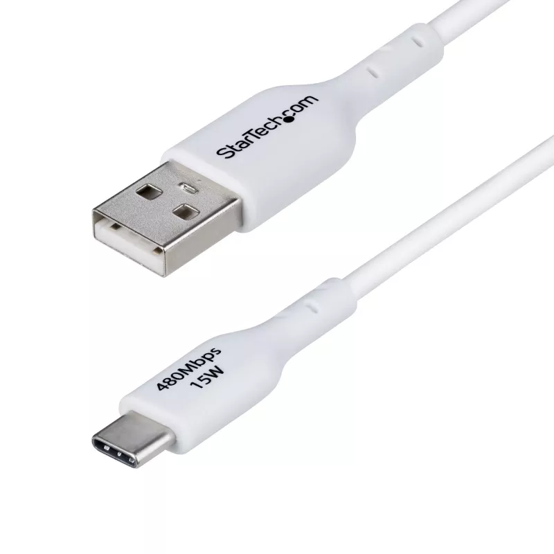 StarTech.com 3 pėdų (1 m) USB-A į USB-C įkrovimo laidas, įkrovimas ir sinchronizavimas, 3 A, USB 2.0, TPE apvalkalas – baltas USB įkrovimo laidas