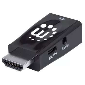 Manhattan HDMI į VGA (su garsu) keitiklis, 1080p, kištukas į lizdą, „Micro-USB“ maitinimo įvestis papildomam maitinimui, jei reikia, juodas, trejų metų garantija